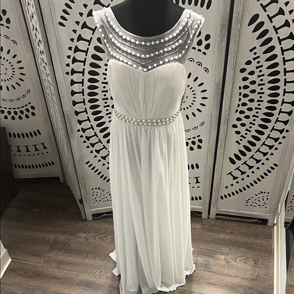 David's Bridal Elegant White Gown with Pearl Accents